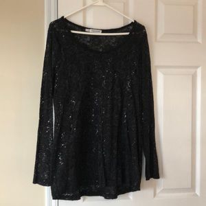 $ DROP!Black lace long sleeved shirt with sequins